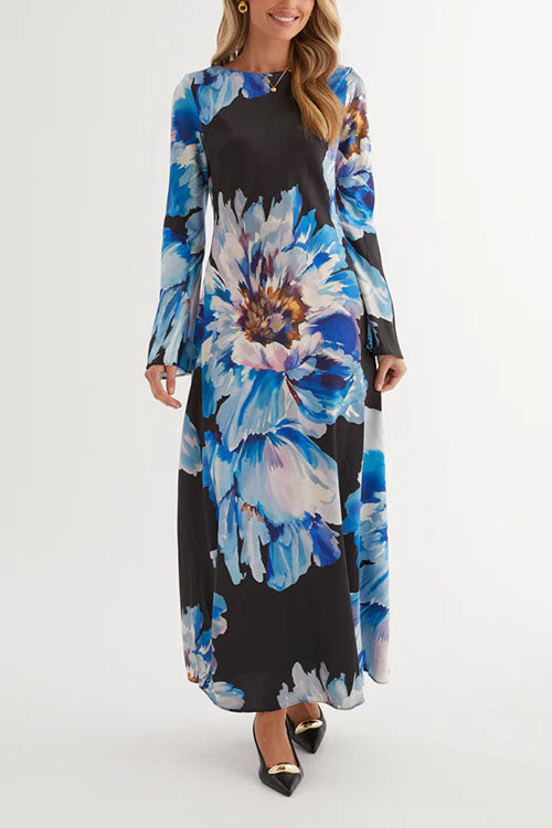 Boat Neck Long Sleeves Floral Print Maxi Dress