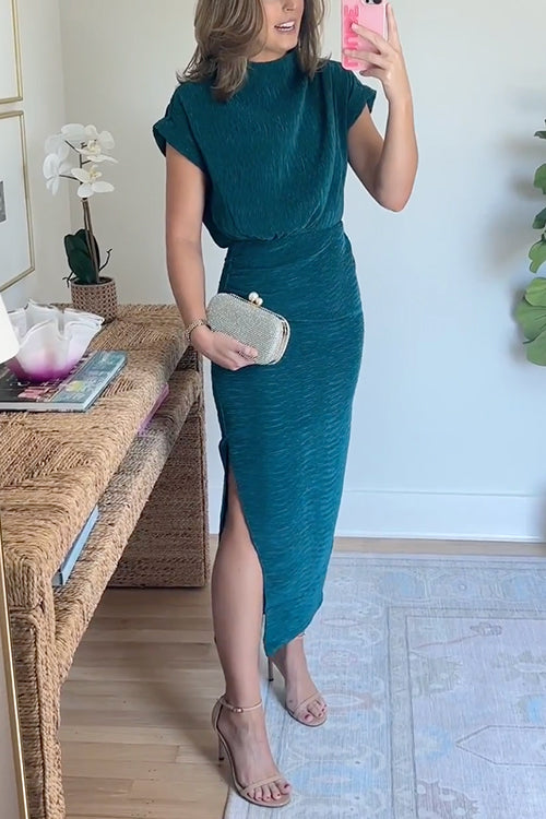 Mockneck Short Sleeves Waisted Side Slit Midi Dress