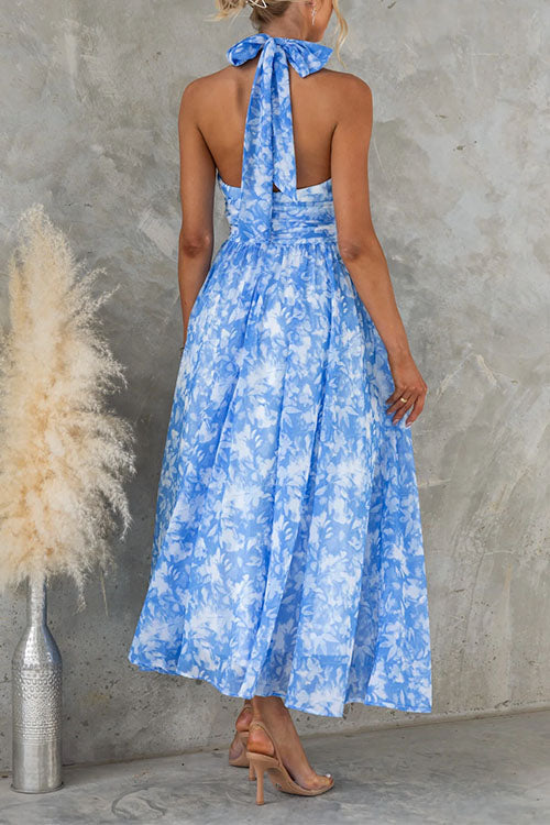 Bow Neck Halter Backless Floral Print Maxi Dress
