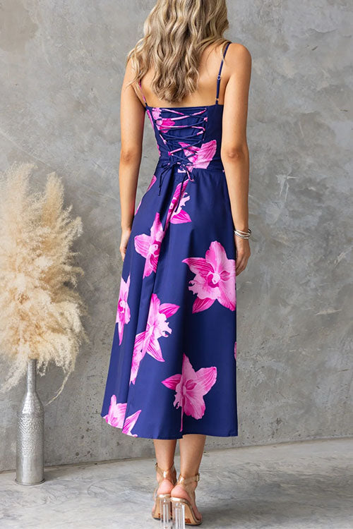 Adjustable Strap Back Lace-up Floral Print Midi Dress
