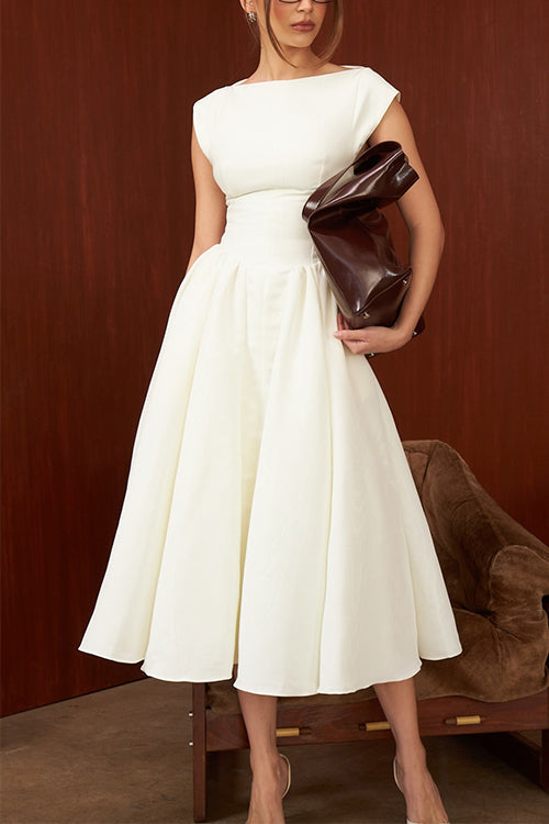 Camilladress Cap Sleeves Open Back Waisted Swing Midi Dress