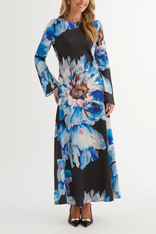 Boat Neck Long Sleeves Floral Print Maxi Dress