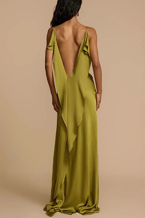 Camilladress High Slit Back Drape Cascading Satin Maxi Cami Dress
