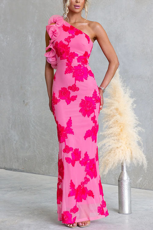 Chic Ruffle One Shoulder Sleeveless Floral Mesh Maxi Dress