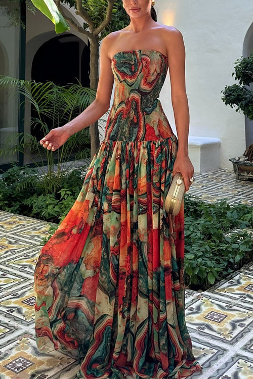 Strapless Smocked Ombre Print Swing Maxi Dress