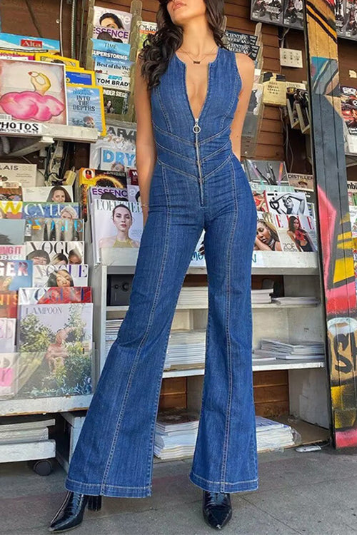 Camilladress Zip Up Sleeveless Heart Back Bell Bottom Denim Jumpsuit