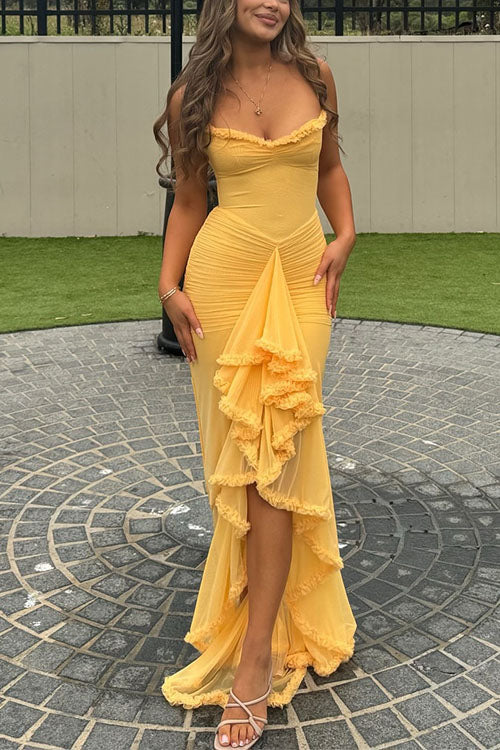 Camilladress Spaghetti Strap Frill Trim Draped Slit Maxi Dress