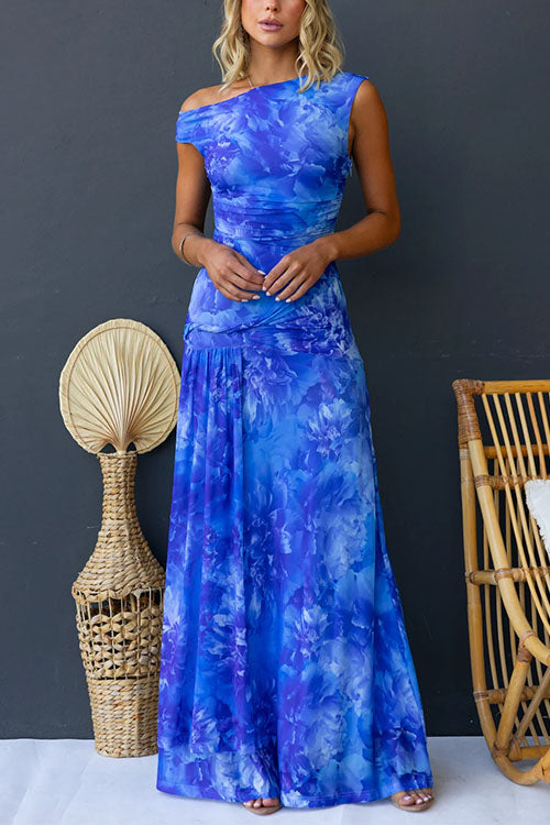 Asymmetric Shoulder Ruched Waist Floral Print Maxi Dress