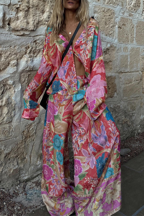Camilladress Long Sleeves Button Up Shirt and Wide Leg Pants Floral Print Set