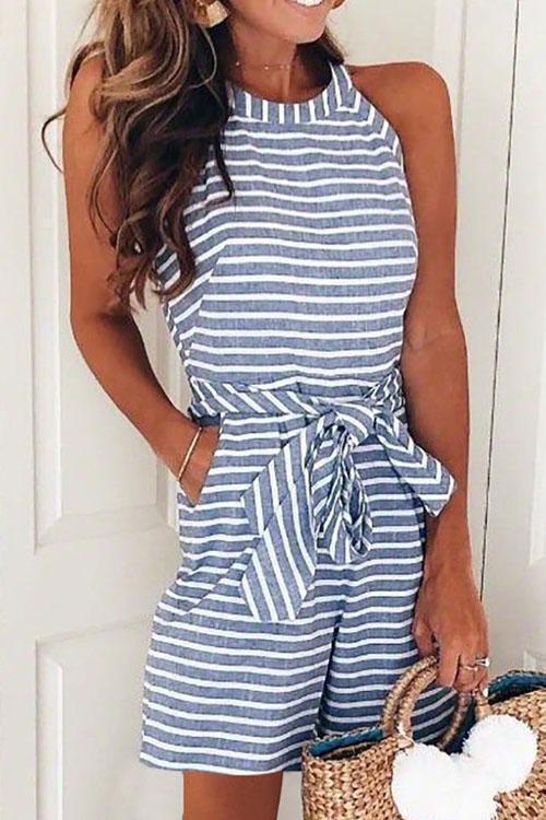 Camilladress Crewneck Sleeveless Bow-knot Striped Romper