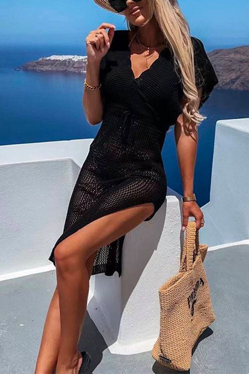 Camilladress Wrap V Neck Tie Waist Side Split Cover Up Dress