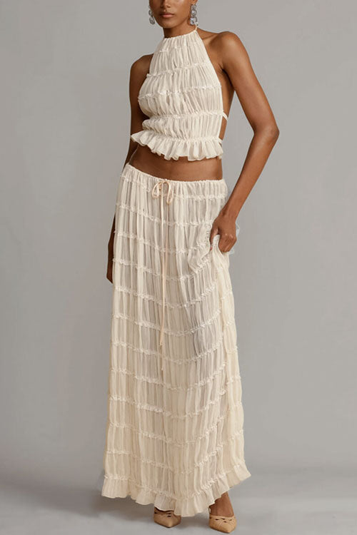Camilladress Frilled Halter Open Back Crop Top and Pleated Maxi Skirt Set