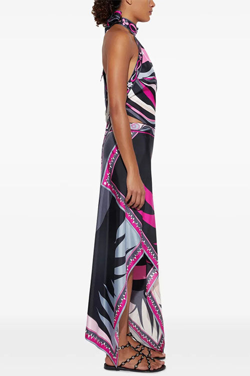 Camilladress Printed Halter Tie Knot Backless Top and Irregular Hem Maxi Skirt Set