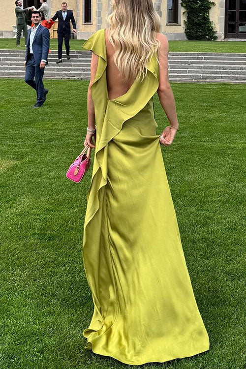 Camilladress High Slit Back Drape Cascading Satin Maxi Cami Dress