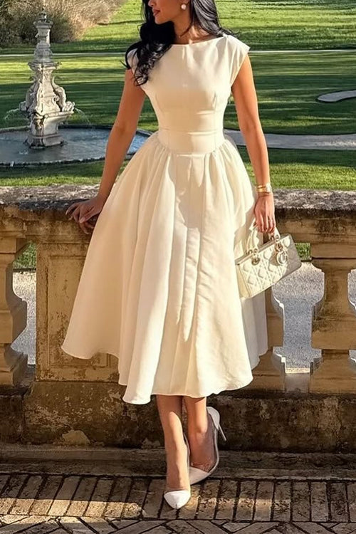 Camilladress Cap Sleeves Open Back Waisted Swing Midi Dress