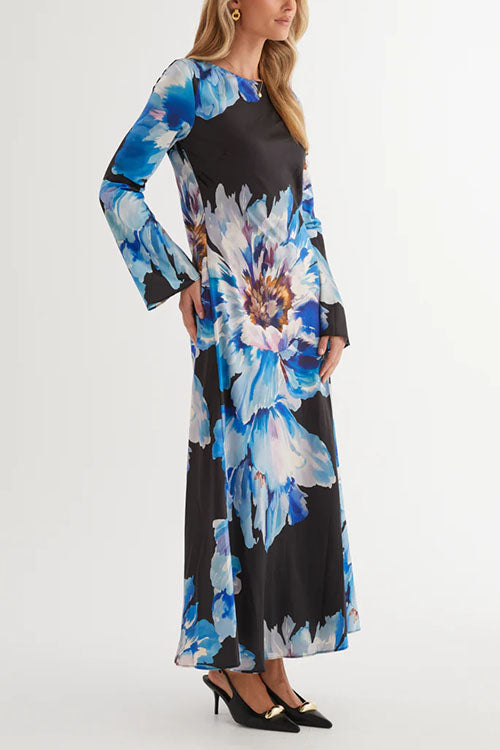 Boat Neck Long Sleeves Floral Print Maxi Dress
