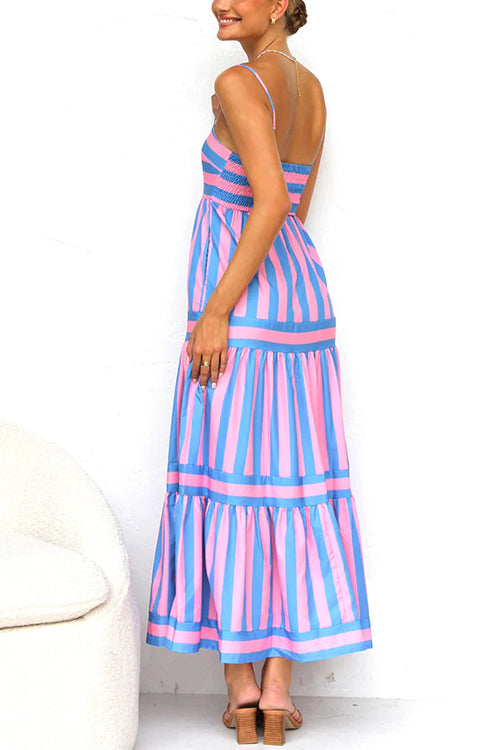 Camilladress Spaghetti Strap Tiered Color Block Striped Maxi Dress