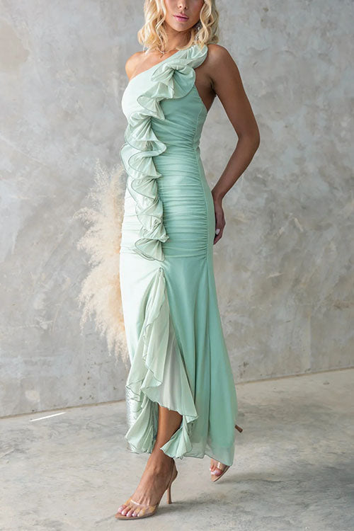 Camilladress One Shoulder Slit Ruched Ruffle Mesh Maxi Dress