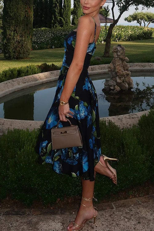 Spaghetti Straps Waisted Floral Print Midi Dress