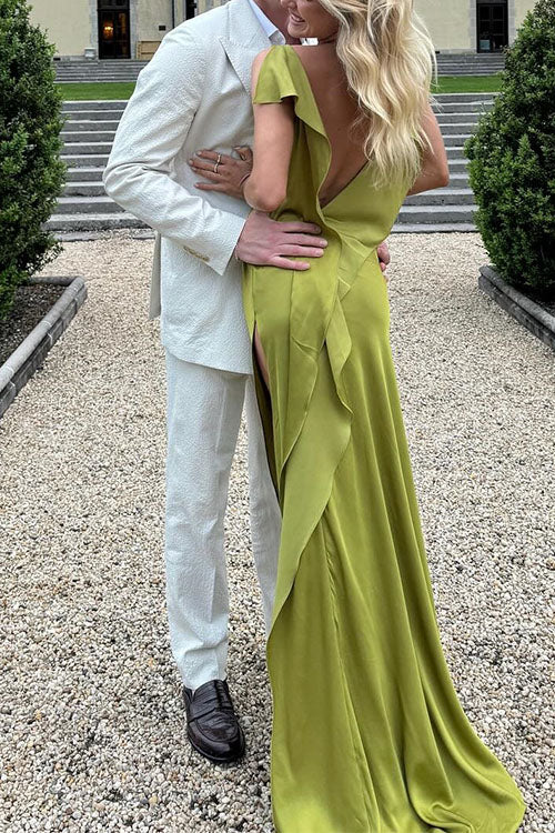 Camilladress High Slit Back Drape Cascading Satin Maxi Cami Dress