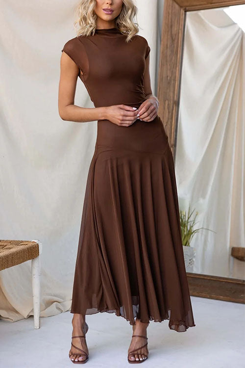 Mockneck Cap Sleeves Ruched Mesh Maxi Dress