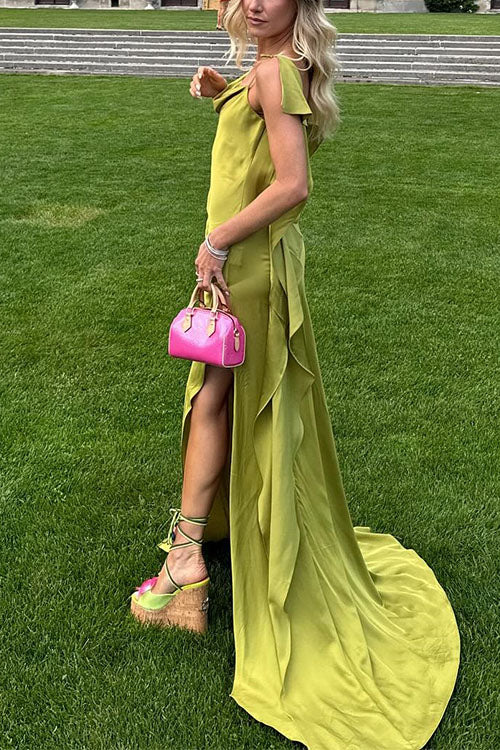 Camilladress High Slit Back Drape Cascading Satin Maxi Cami Dress