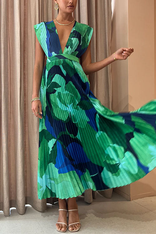 Camilladress V Neck Waisted Back Cut Out Printed Maxi Pleated Dress