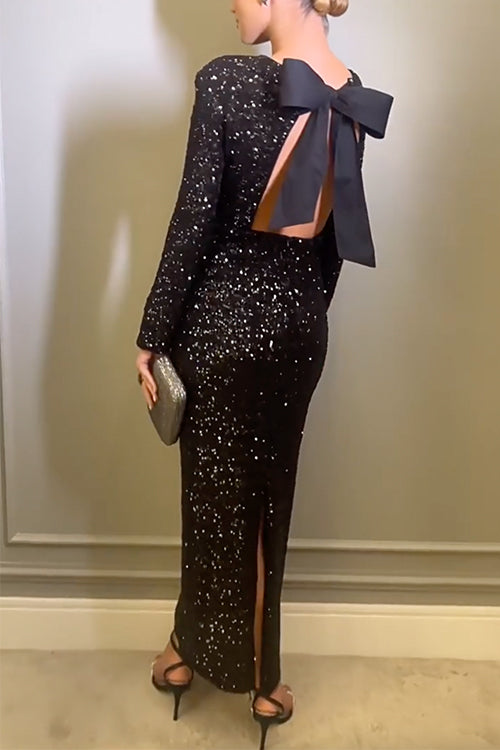 Camilladress Bow Backless Sequin Bodycon Maxi Party Dress