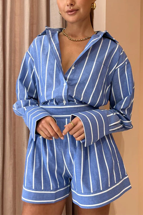 Camilladress Striped Long Sleeves Curve Hem Shirt and High Rise Shorts Set