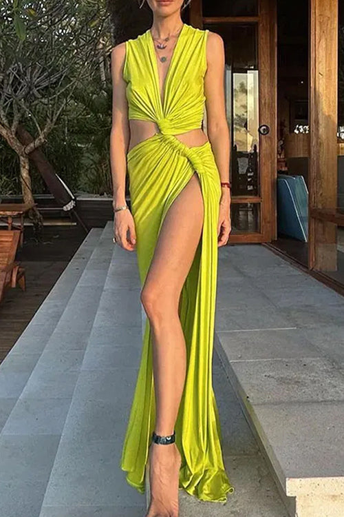 Camilladress V Neck Knot Front Cut Out High Slit Sleeveless Maxi Dress