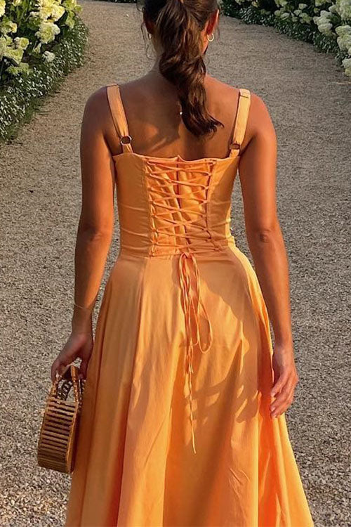 Camilladress Drawstring Neck Slit Bustier Midi Cami Dress