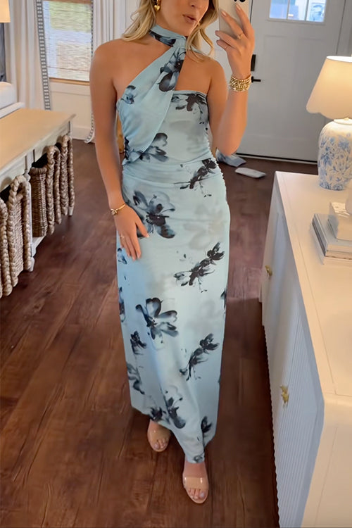 Camilladress Halter Sleeveless Floral Print Mesh Maxi Dress