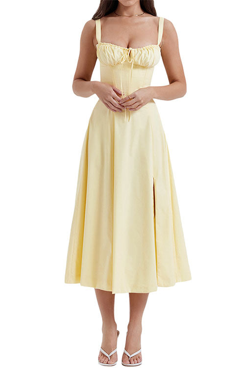 Camilladress Drawstring Neck Slit Bustier Midi Cami Dress