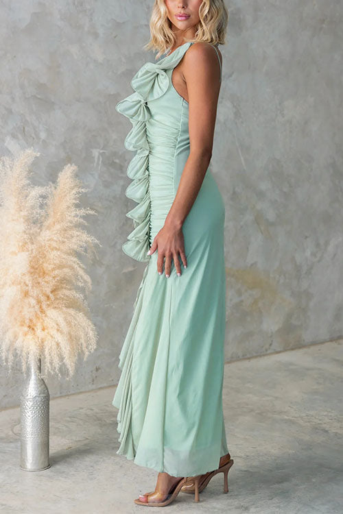 Camilladress One Shoulder Slit Ruched Ruffle Mesh Maxi Dress