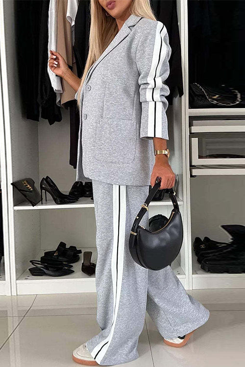 Camilladress Patchwork Notch Lapel Pocketed Blazer Elastic Waist Wide Leg Pants Casual Set