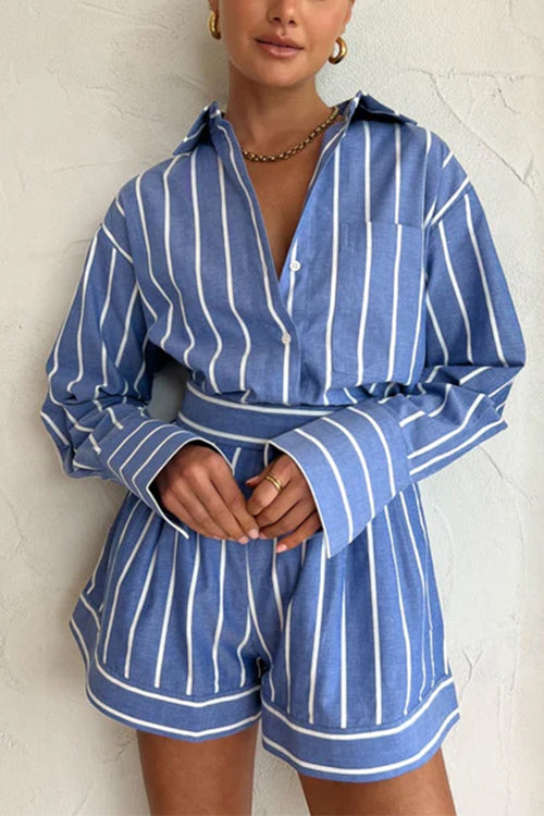 Camilladress Striped Long Sleeves Curve Hem Shirt and High Rise Shorts Set