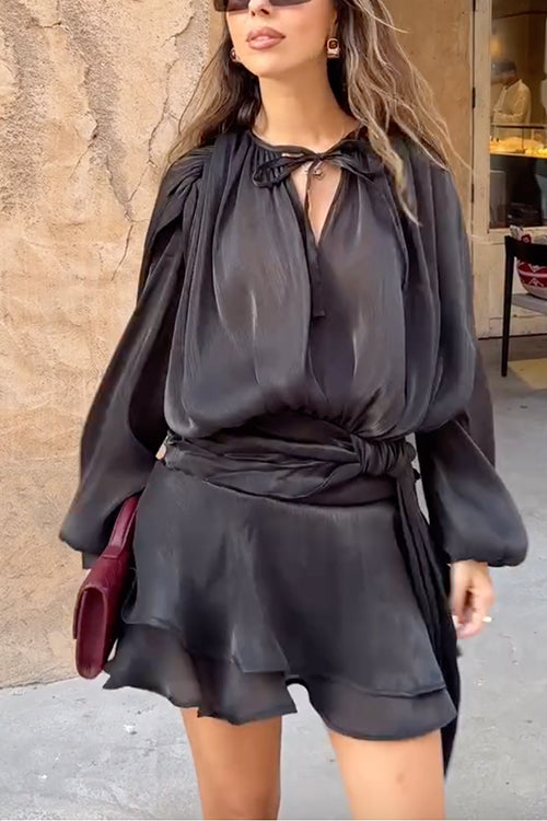 Camilladress Long Sleeves Lace-up Tie Waist Ruffle Mini Dress