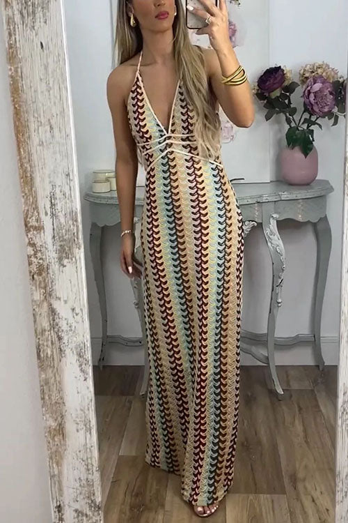 Camilladress Halter V Neck Backless Color Block Crochet Maxi Dress