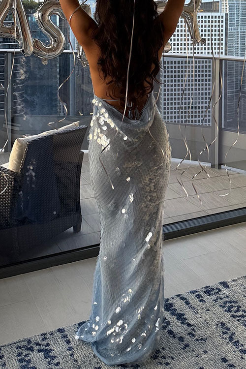 Camilladress Halter Cowl Neck Open Back Sequin Maxi Party Dress