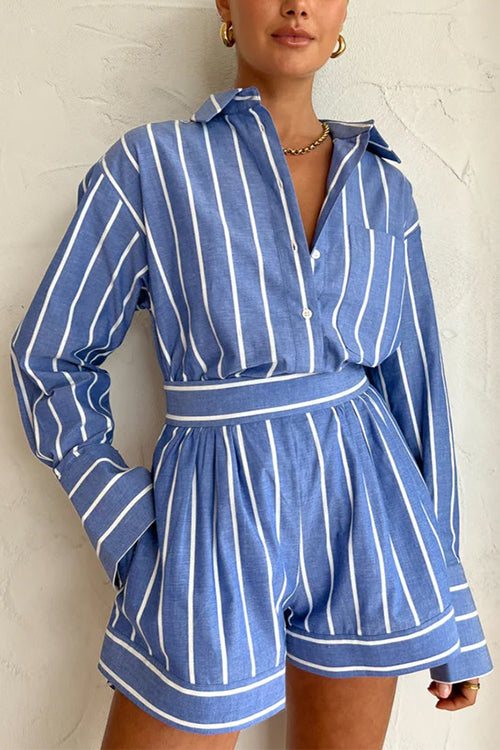 Camilladress Striped Long Sleeves Curve Hem Shirt and High Rise Shorts Set