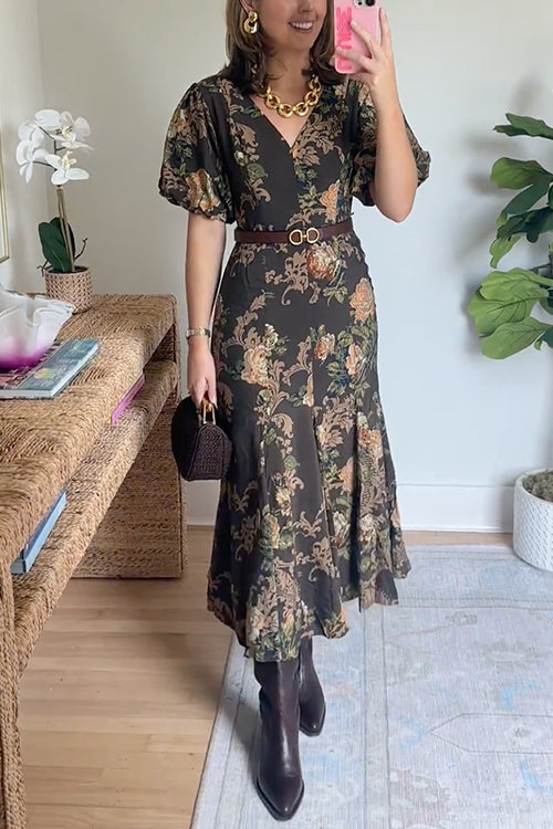 V Neck Puff Short Sleeves Floral Print Midi Dress