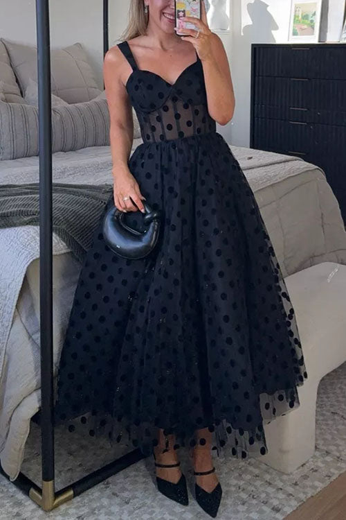 Camilladress V Neck Mesh Polka Dot A-line Midi Cami Dress