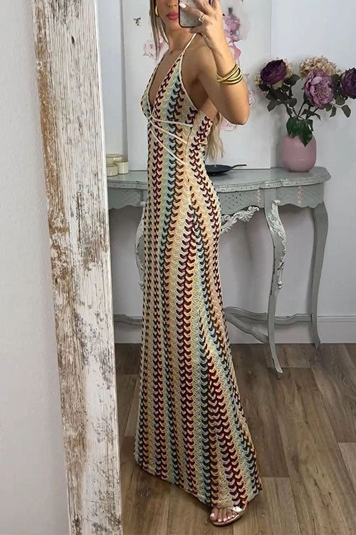 Camilladress Halter V Neck Backless Color Block Crochet Maxi Dress