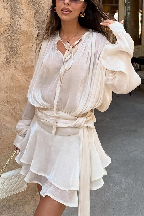 Camilladress Long Sleeves Lace-up Tie Waist Ruffle Mini Dress
