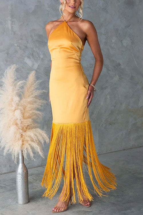 Camilladress Halter Neck Patchwork Fringe Hem Satin Maxi Dress