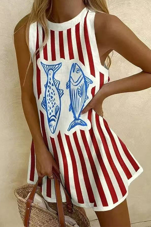 Camilladress Crewneck Sleeveless Fish Print Striped Mini Dress