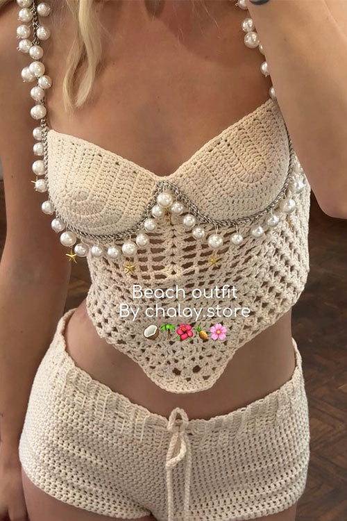 Camilladress Pearl Trim Hollow Out Knit Crop Cami Top