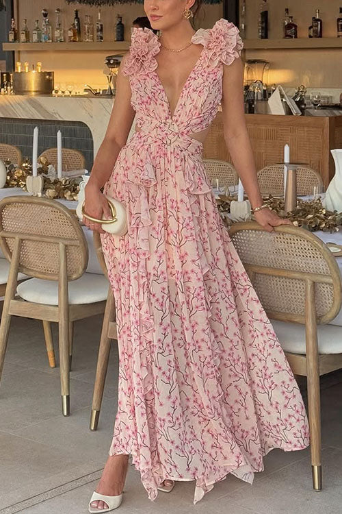 Camilladress Deep V Neck Sleeveless Cut Out Floral Print Ruffle Maxi Dress