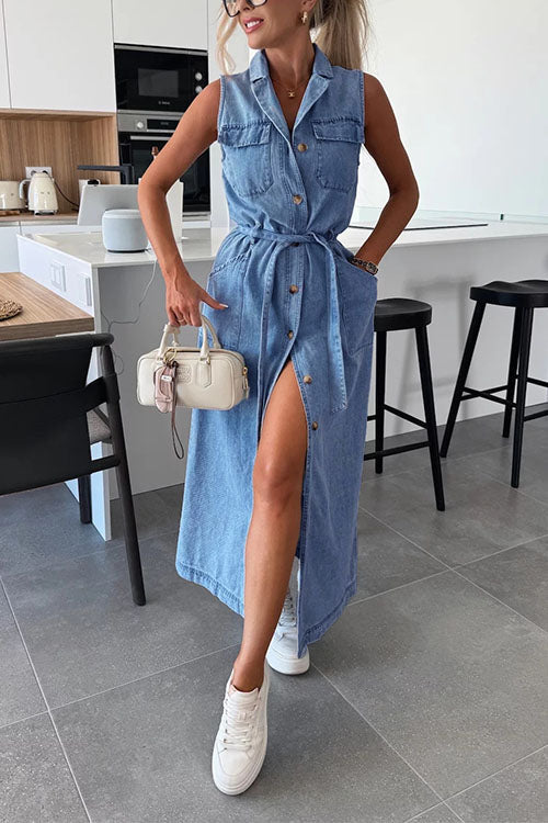 camilladress Sleeveless Button Down Tie Waist Pocketed Denim Midi Dress