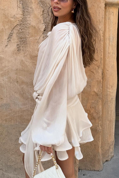 Camilladress Long Sleeves Lace-up Tie Waist Ruffle Mini Dress